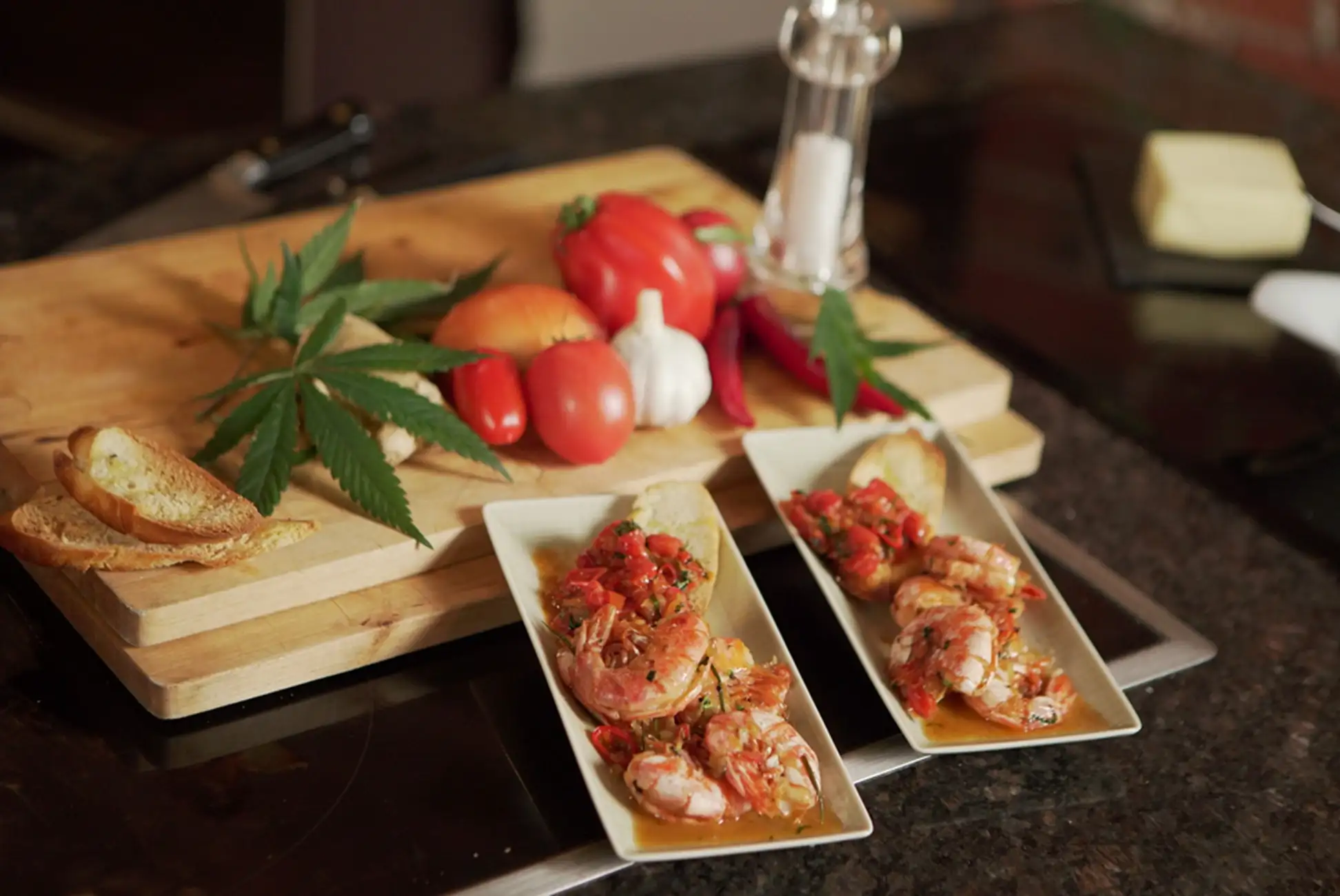 Cannabis and shrimp on table