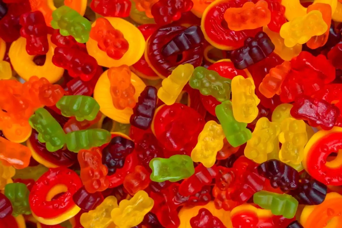 Top view of Assorted colorful gummy candies