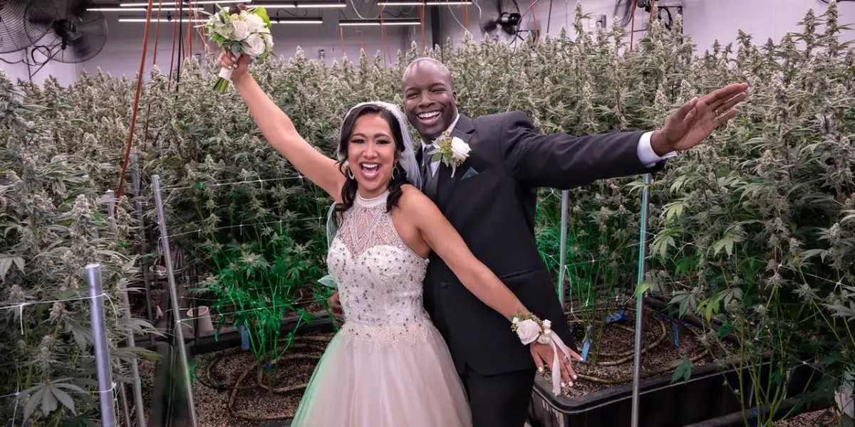 Bride and groom marry through Las Vegas Cannabis Weddings at a grow house photo