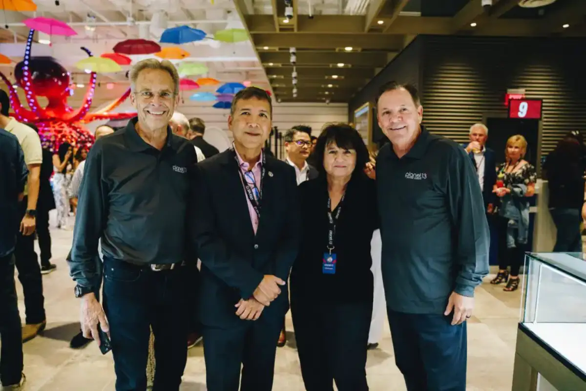 Left to Right Larry Scheffler (Planet 13 Co-CEO), Santa Ana Mayor Vincente Sarmiento, Head Magazine Editor and Publisher Charlotte Parker, and Bob Groesbeck (Planet 13 Co-CEO)